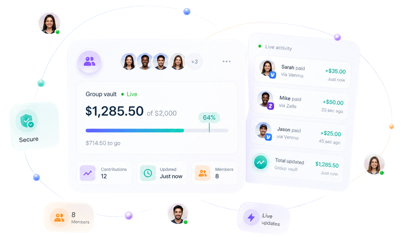 GroupVault shared vault — live balance, members, and who has paid